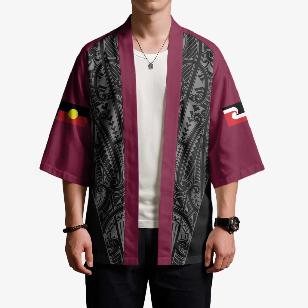Queensland Maori Rugby Nga Hau e Wha Kimono Maroon Motif - Aussie Hoodie