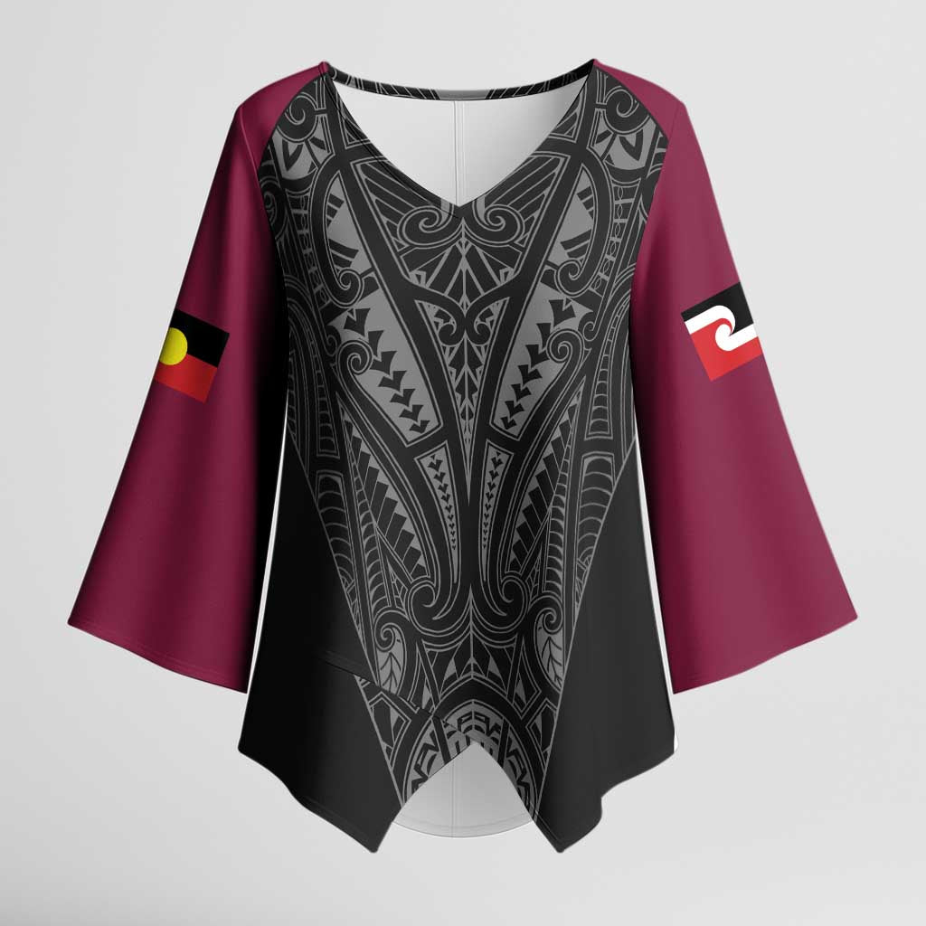 Queensland Maori Rugby Nga Hau e Wha Kimono Sleeve Blouse Maroon Motif - Aussie Hoodie