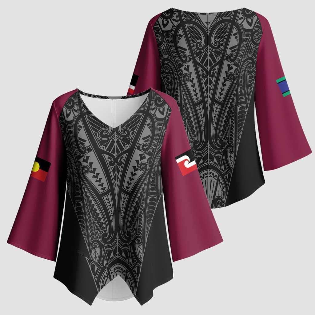 Queensland Maori Rugby Nga Hau e Wha Kimono Sleeve Blouse Maroon Motif - Aussie Hoodie