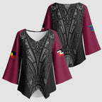 Queensland Maori Rugby Nga Hau e Wha Kimono Sleeve Blouse Maroon Motif - Aussie Hoodie