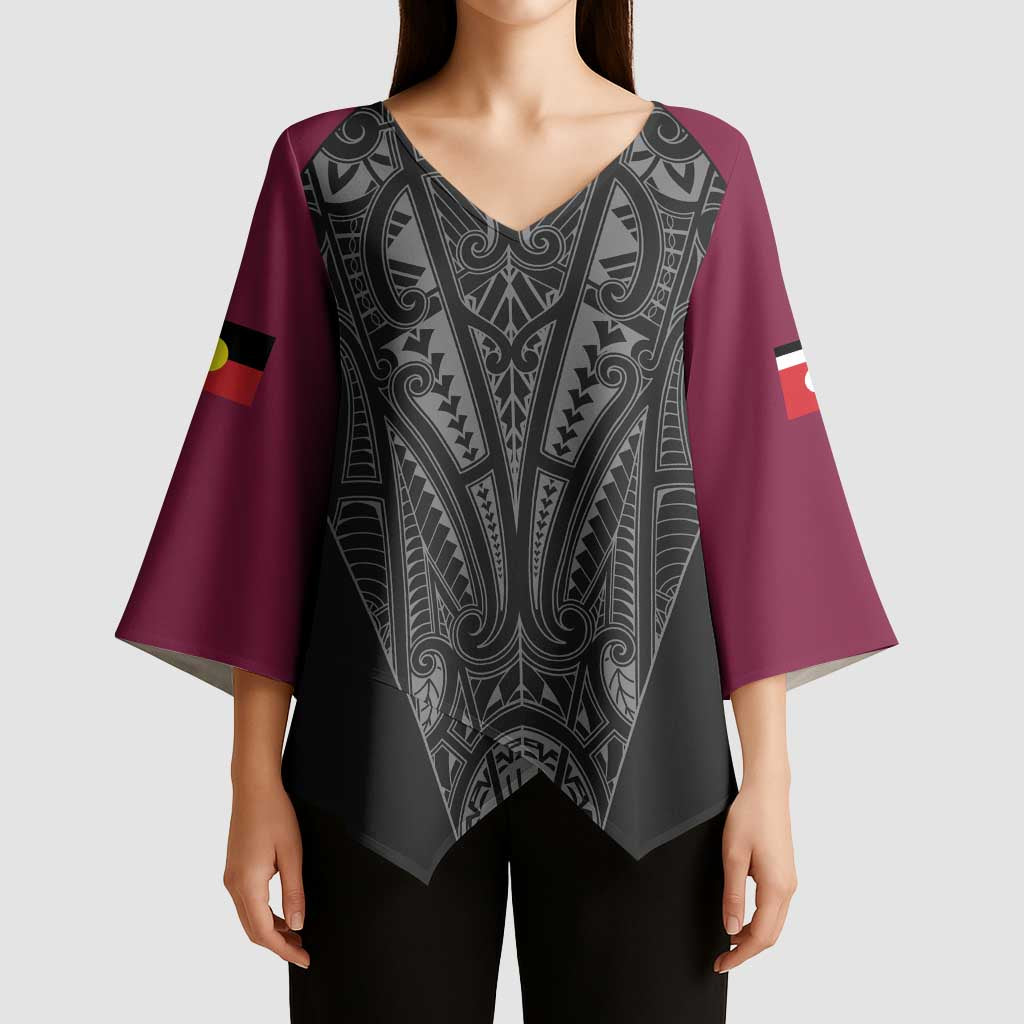 Queensland Maori Rugby Nga Hau e Wha Kimono Sleeve Blouse Maroon Motif - Aussie Hoodie