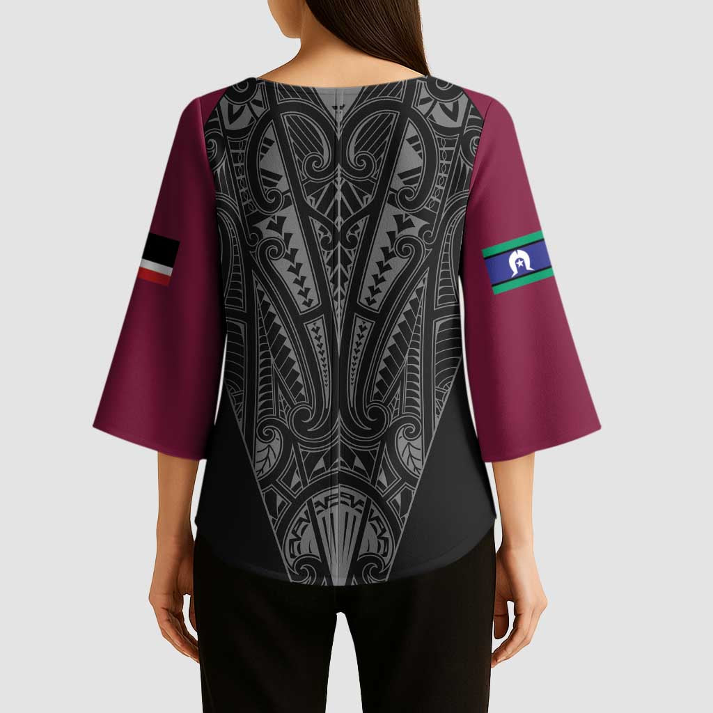 Queensland Maori Rugby Nga Hau e Wha Kimono Sleeve Blouse Maroon Motif - Aussie Hoodie