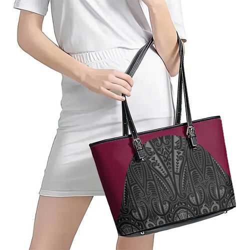 Queensland Maori Rugby Nga Hau e Wha Leather Tote Bag Maroon Motif