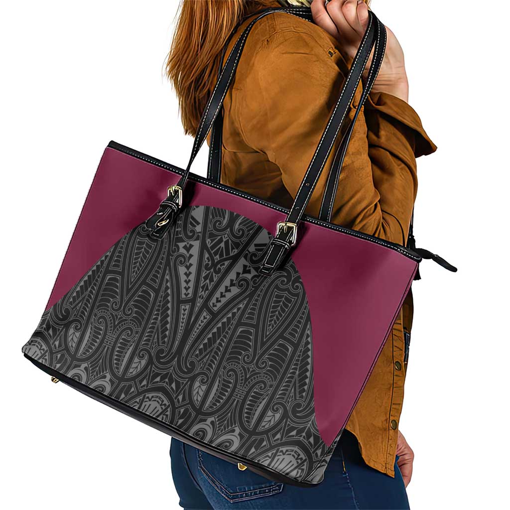 Queensland Maori Rugby Nga Hau e Wha Leather Tote Bag Maroon Motif