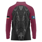 Queensland Maori Rugby Nga Hau e Wha Long Sleeve Polo Shirt Maroon Motif