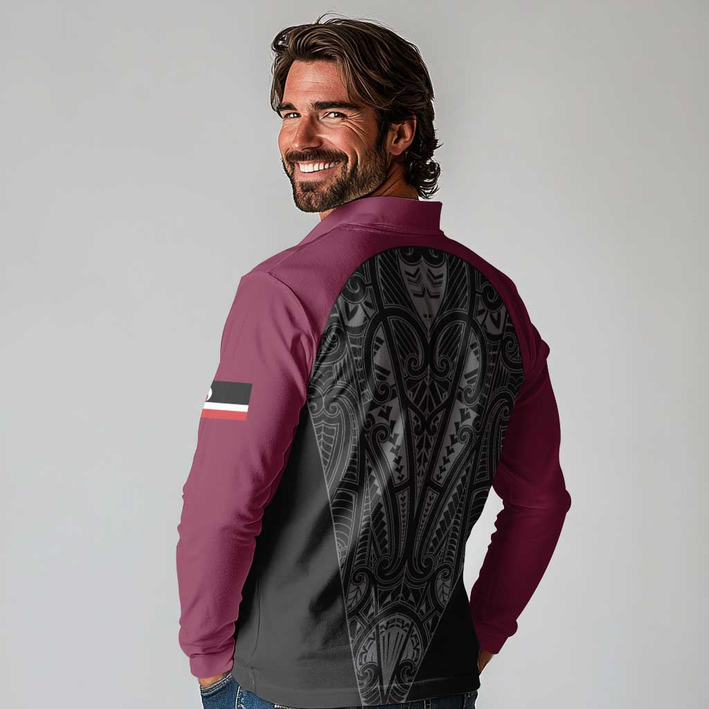 Queensland Maori Rugby Nga Hau e Wha Long Sleeve Polo Shirt Maroon Motif