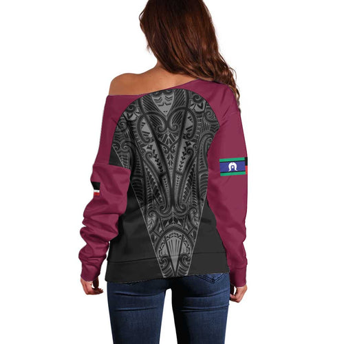 Queensland Maori Rugby Nga Hau e Wha Off Shoulder Sweater Maroon Motif