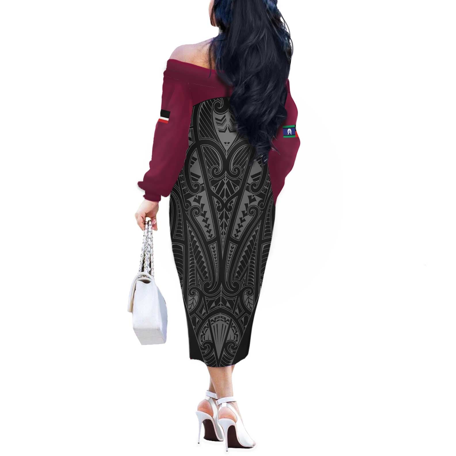 Queensland Maori Rugby Nga Hau e Wha Off The Shoulder Long Sleeve Dress Maroon Motif