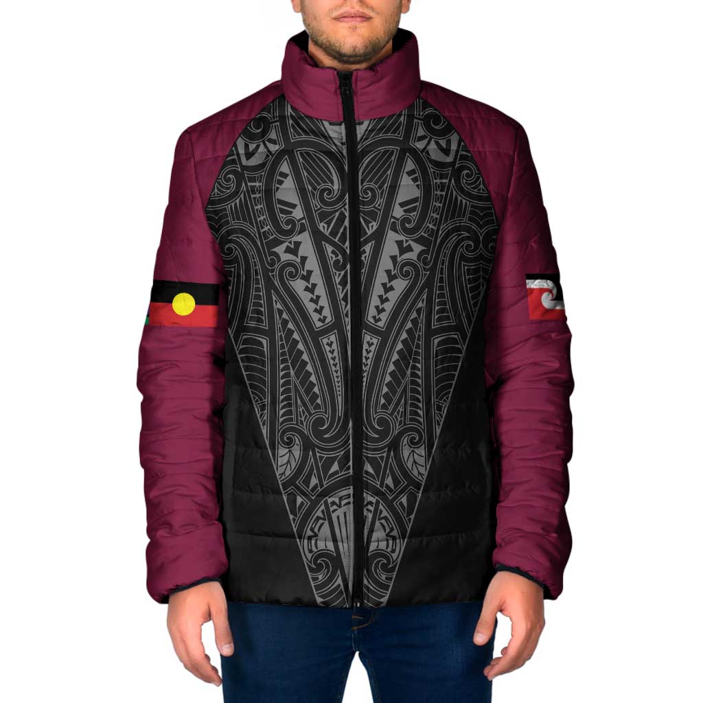 Queensland Maori Rugby Nga Hau e Wha Padded Jacket Maroon Motif - Aussie Hoodie