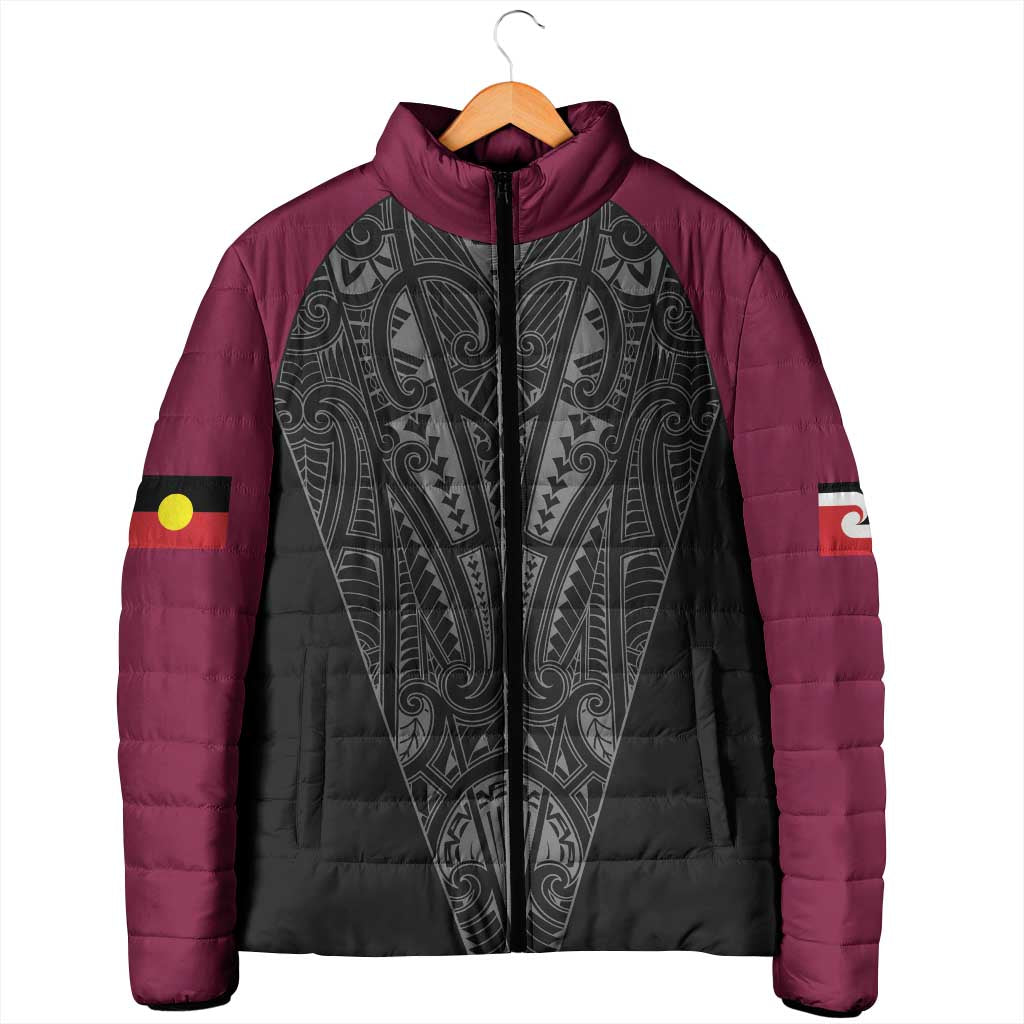 Queensland Maori Rugby Nga Hau e Wha Padded Jacket Maroon Motif - Aussie Hoodie