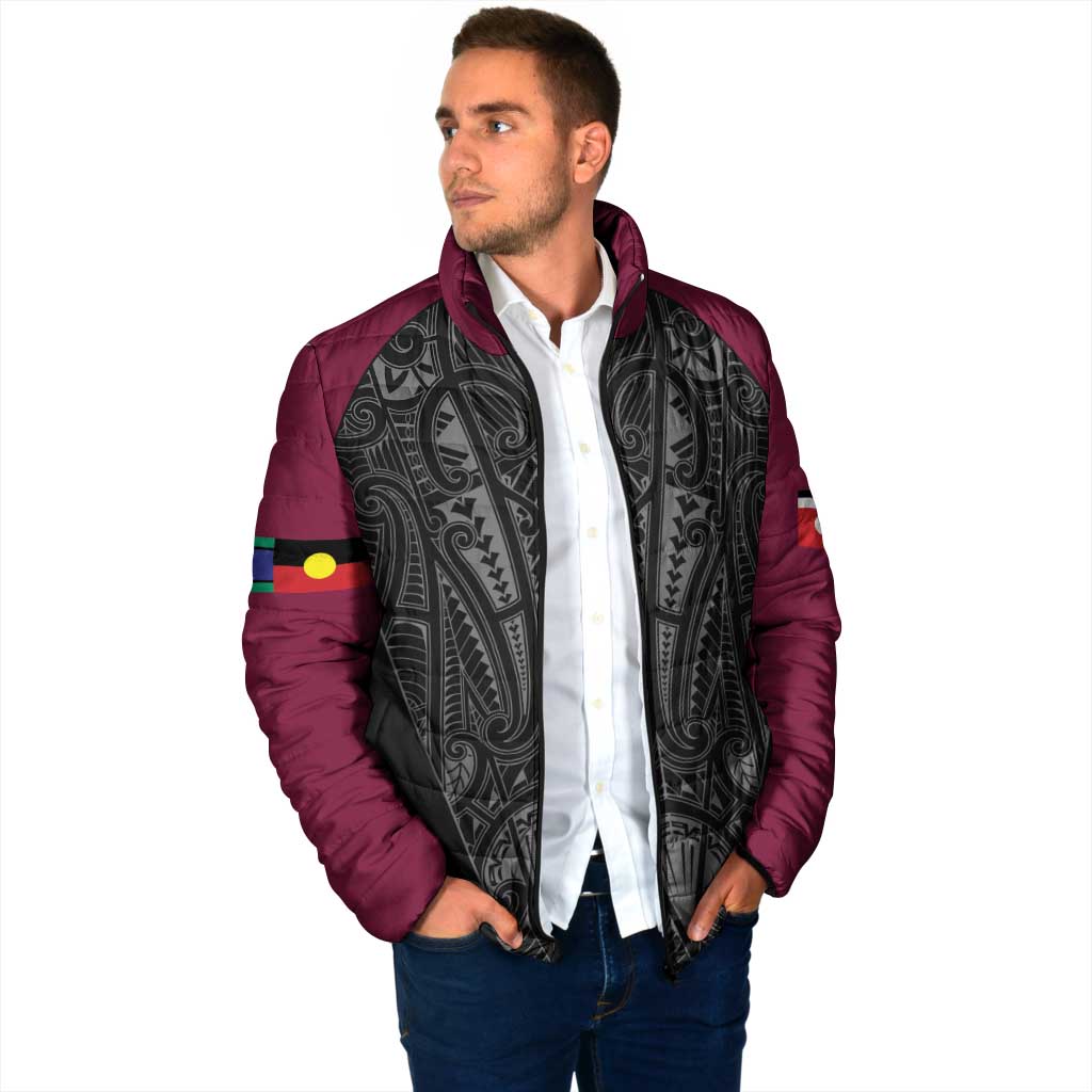 Queensland Maori Rugby Nga Hau e Wha Padded Jacket Maroon Motif - Aussie Hoodie