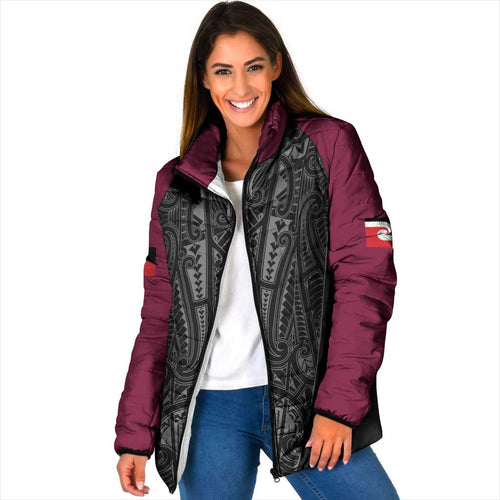 Queensland Maori Rugby Nga Hau e Wha Padded Jacket Maroon Motif - Aussie Hoodie