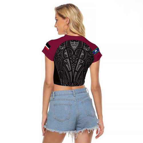 Queensland Maori Rugby Nga Hau e Wha Raglan Cropped T Shirt Maroon Motif