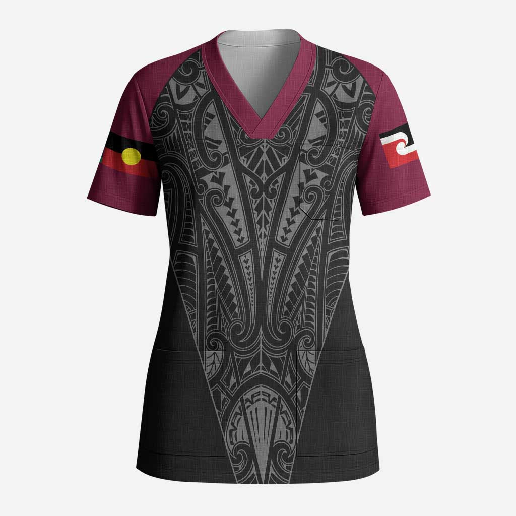 Queensland Maori Rugby Nga Hau e Wha Scrub Top Maroon Motif - Aussie Hoodie