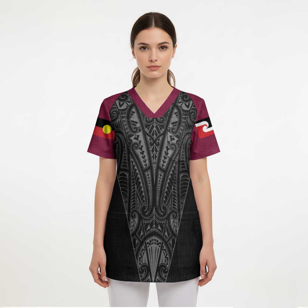 Queensland Maori Rugby Nga Hau e Wha Scrub Top Maroon Motif - Aussie Hoodie