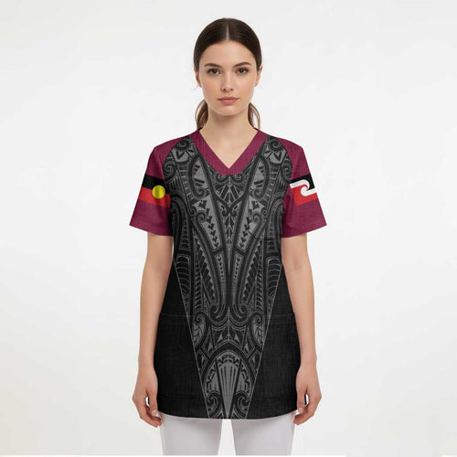 Queensland Maori Rugby Nga Hau e Wha Scrub Top Maroon Motif - Aussie Hoodie