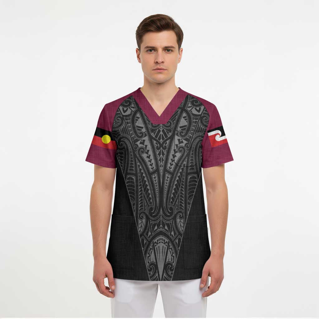 Queensland Maori Rugby Nga Hau e Wha Scrub Top Maroon Motif - Aussie Hoodie
