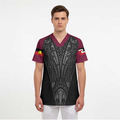 Queensland Maori Rugby Nga Hau e Wha Scrub Top Maroon Motif - Aussie Hoodie