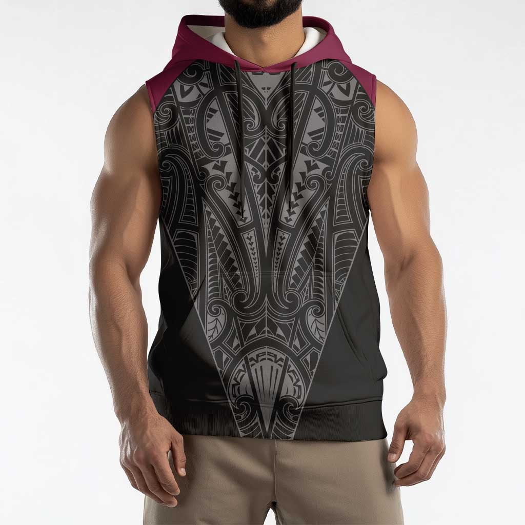 Queensland Maori Rugby Nga Hau e Wha Sleeveless Hoodie Maroon Motif - Aussie Hoodie