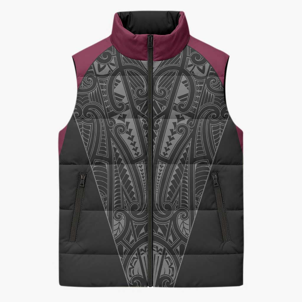 Queensland Maori Rugby Nga Hau e Wha Sleeveless Puffer Jacket Maroon Motif - Aussie Hoodie