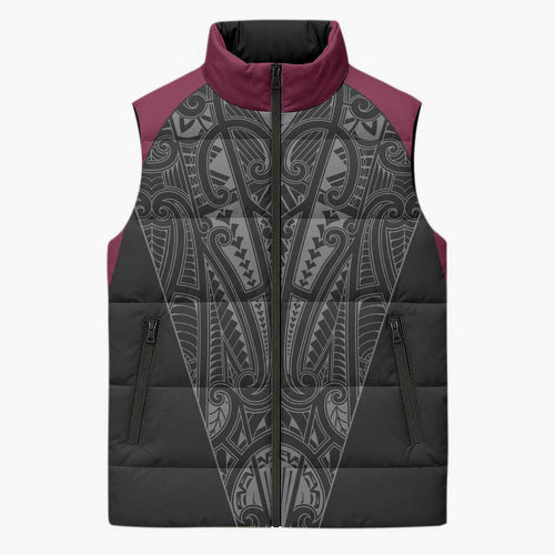 Queensland Maori Rugby Nga Hau e Wha Sleeveless Puffer Jacket Maroon Motif - Aussie Hoodie