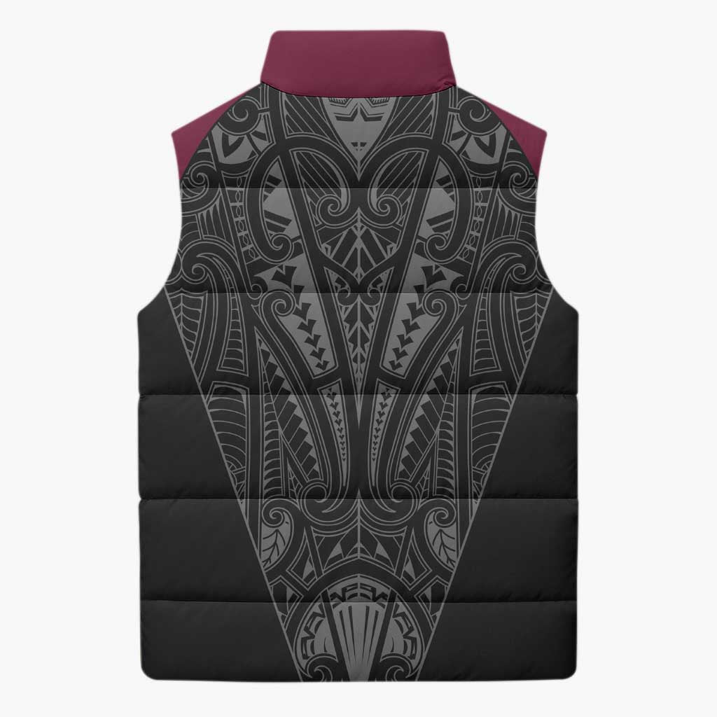 Queensland Maori Rugby Nga Hau e Wha Sleeveless Puffer Jacket Maroon Motif - Aussie Hoodie