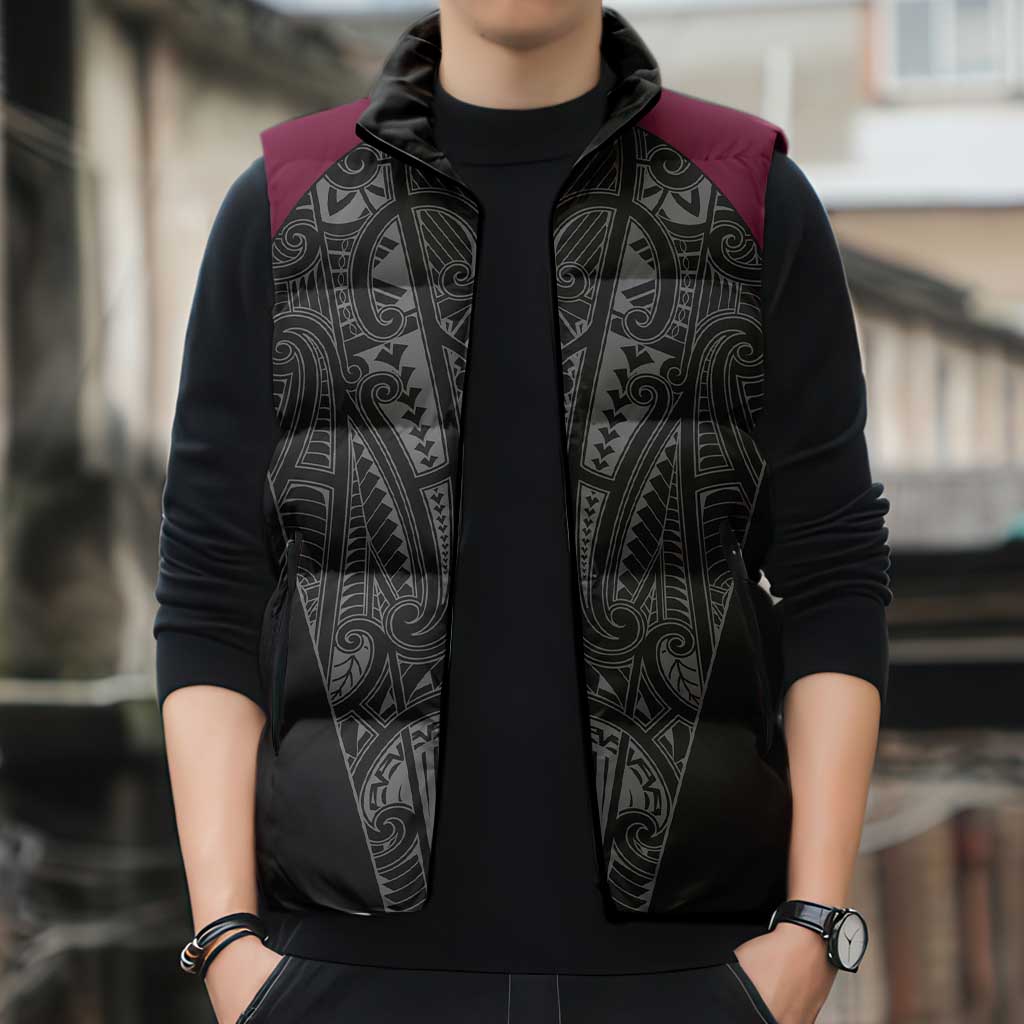 Queensland Maori Rugby Nga Hau e Wha Sleeveless Puffer Jacket Maroon Motif - Aussie Hoodie