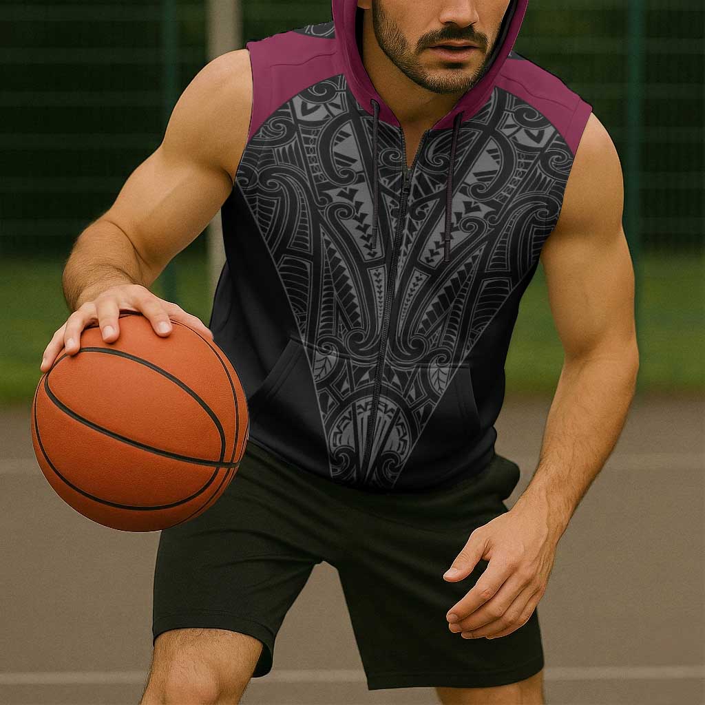 Queensland Maori Rugby Nga Hau e Wha Sleeveless Zip Hoodie Maroon Motif LT9