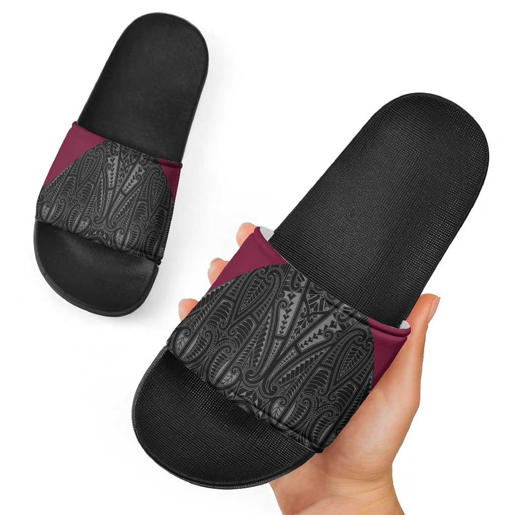 Queensland Maori Rugby Nga Hau e Wha Slide Sandals Maroon Motif - Aussie Hoodie