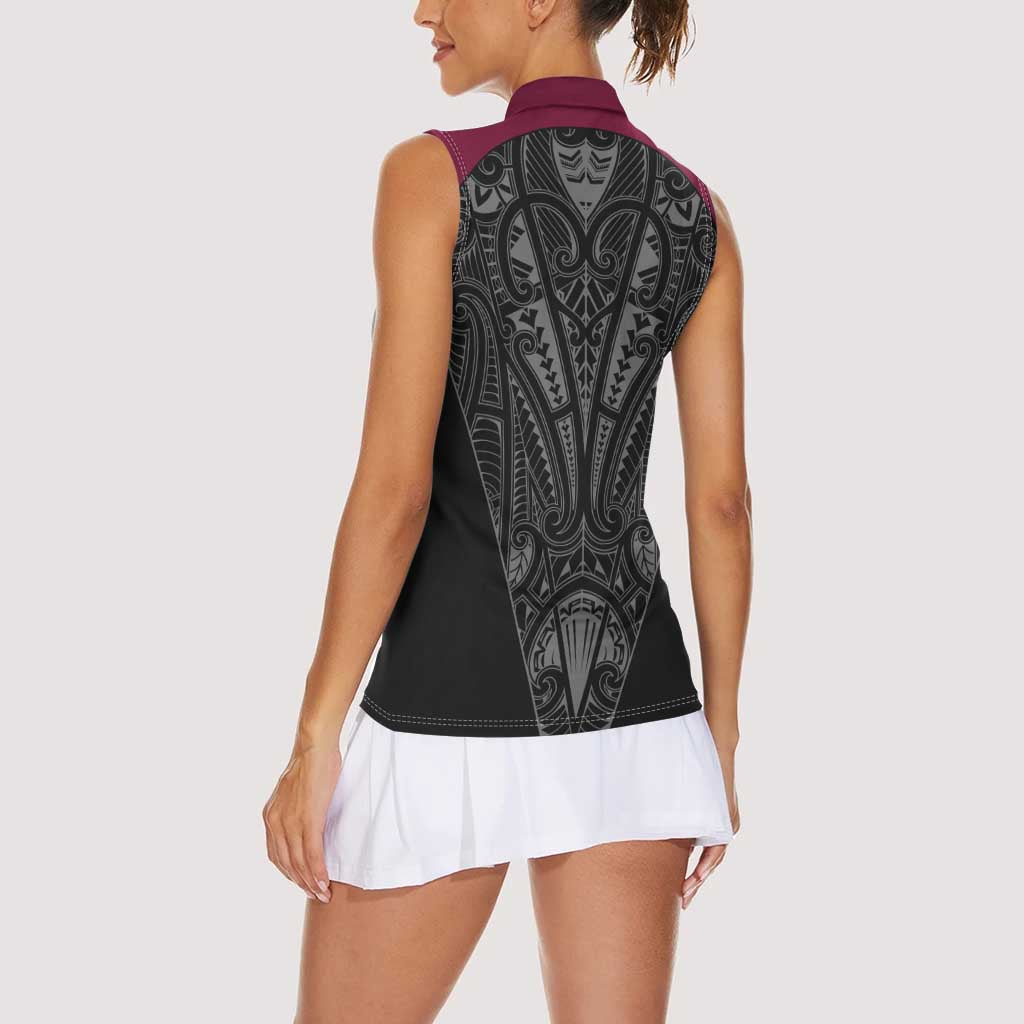 Queensland Maori Rugby Nga Hau e Wha Women Sleeveless Polo Shirt Maroon Motif