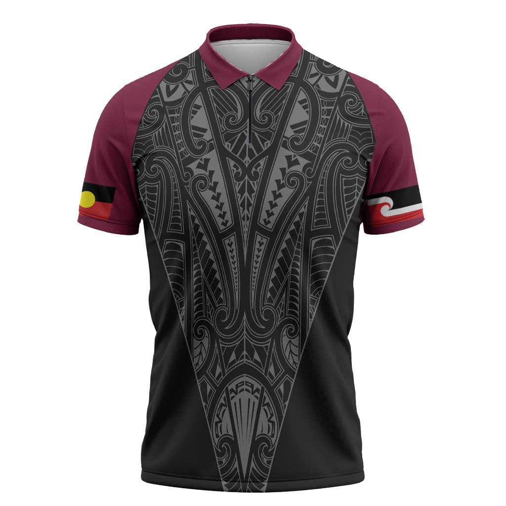 Queensland Maori Rugby Nga Hau e Wha Zipper Polo Shirt Maroon Motif - Aussie Hoodie