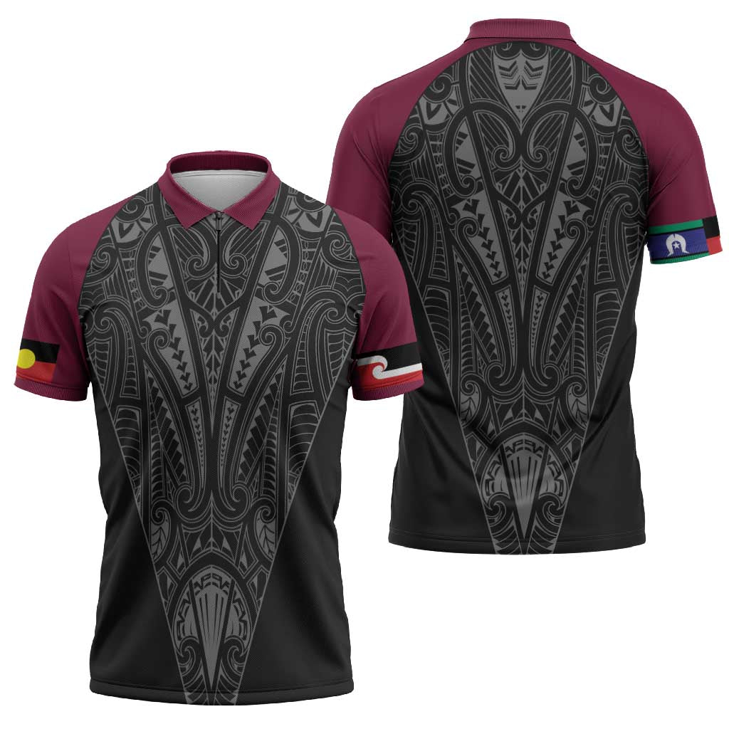 Queensland Maori Rugby Nga Hau e Wha Zipper Polo Shirt Maroon Motif - Aussie Hoodie