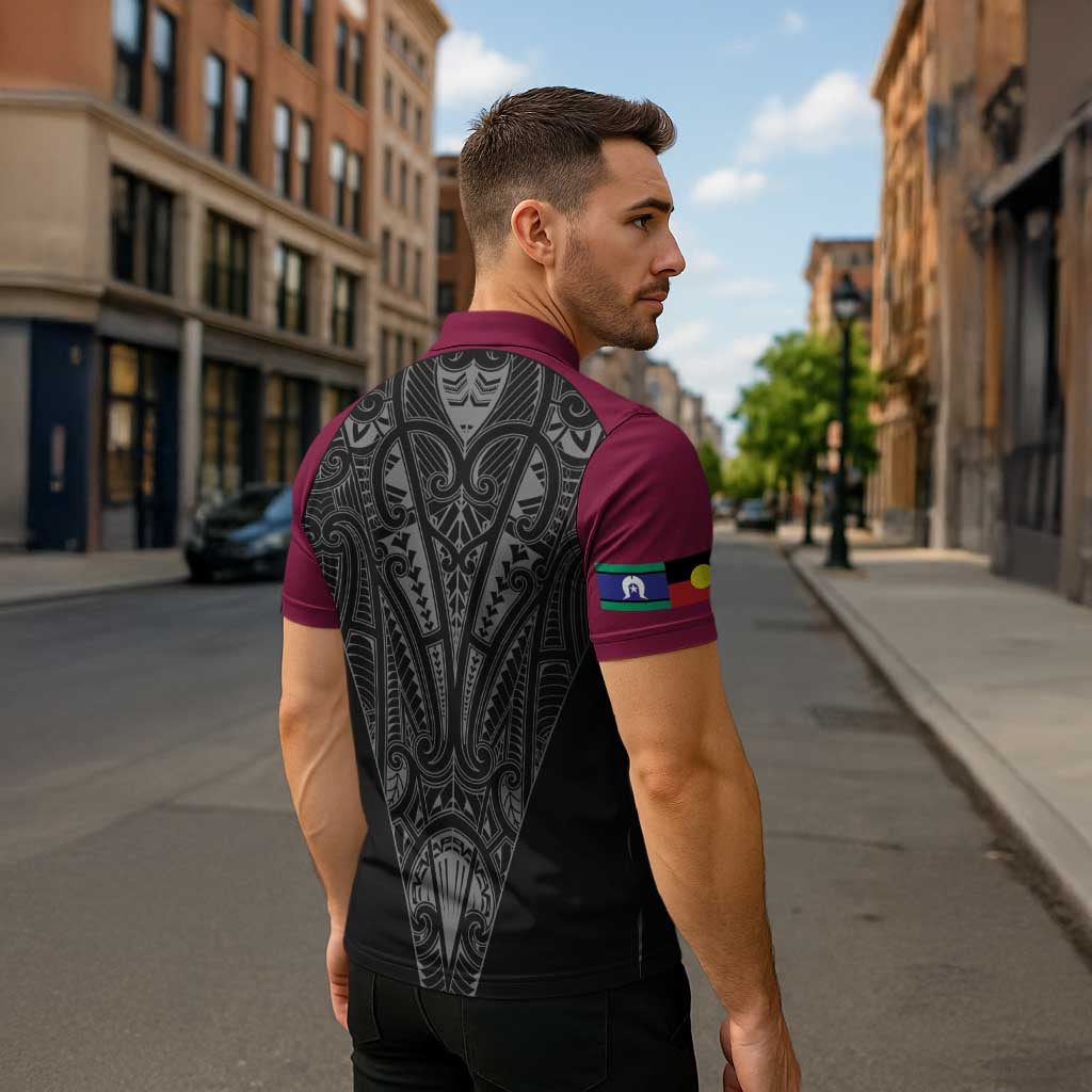 Queensland Maori Rugby Nga Hau e Wha Zipper Polo Shirt Maroon Motif - Aussie Hoodie