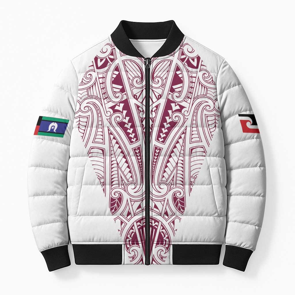Queensland Maori Rugby Nga Hau e Wha Bomber Puffer Jacket White Motif - Aussie Hoodie