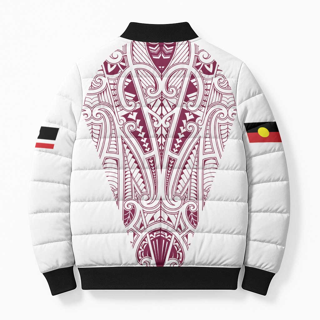 Queensland Maori Rugby Nga Hau e Wha Bomber Puffer Jacket White Motif - Aussie Hoodie