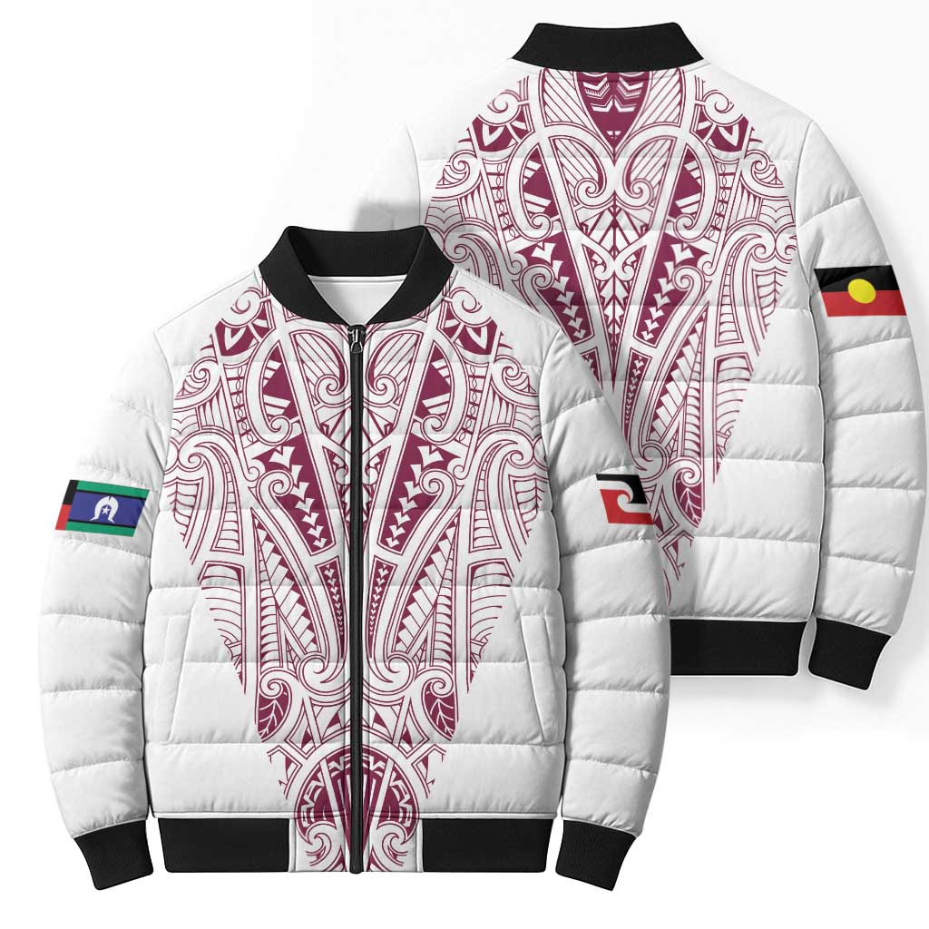 Queensland Maori Rugby Nga Hau e Wha Bomber Puffer Jacket White Motif - Aussie Hoodie