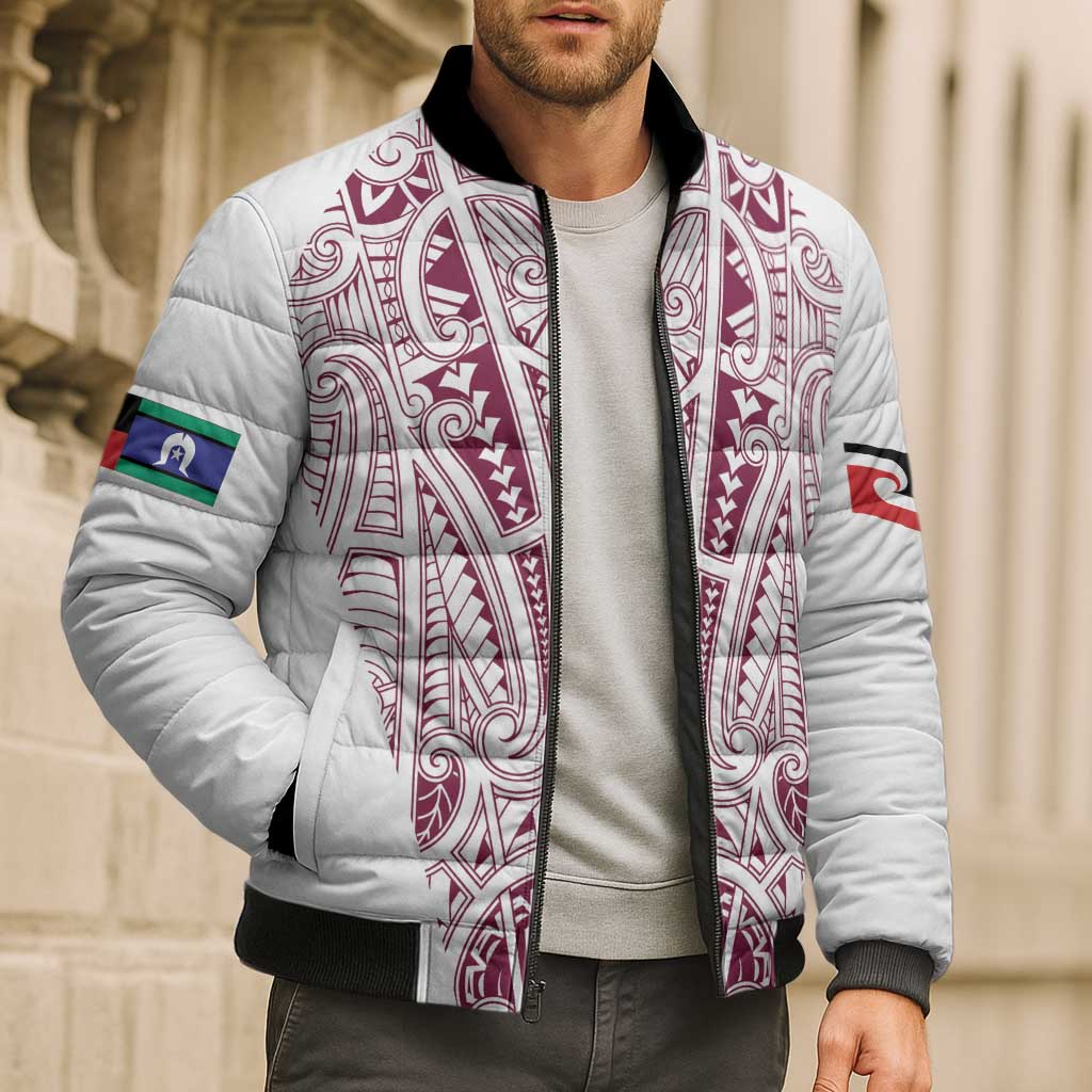 Queensland Maori Rugby Nga Hau e Wha Bomber Puffer Jacket White Motif - Aussie Hoodie
