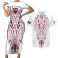 Queensland Maori Rugby Nga Hau e Wha Couples Matching Short Sleeve Bodycon Dress and Hawaiian Shirt White Motif