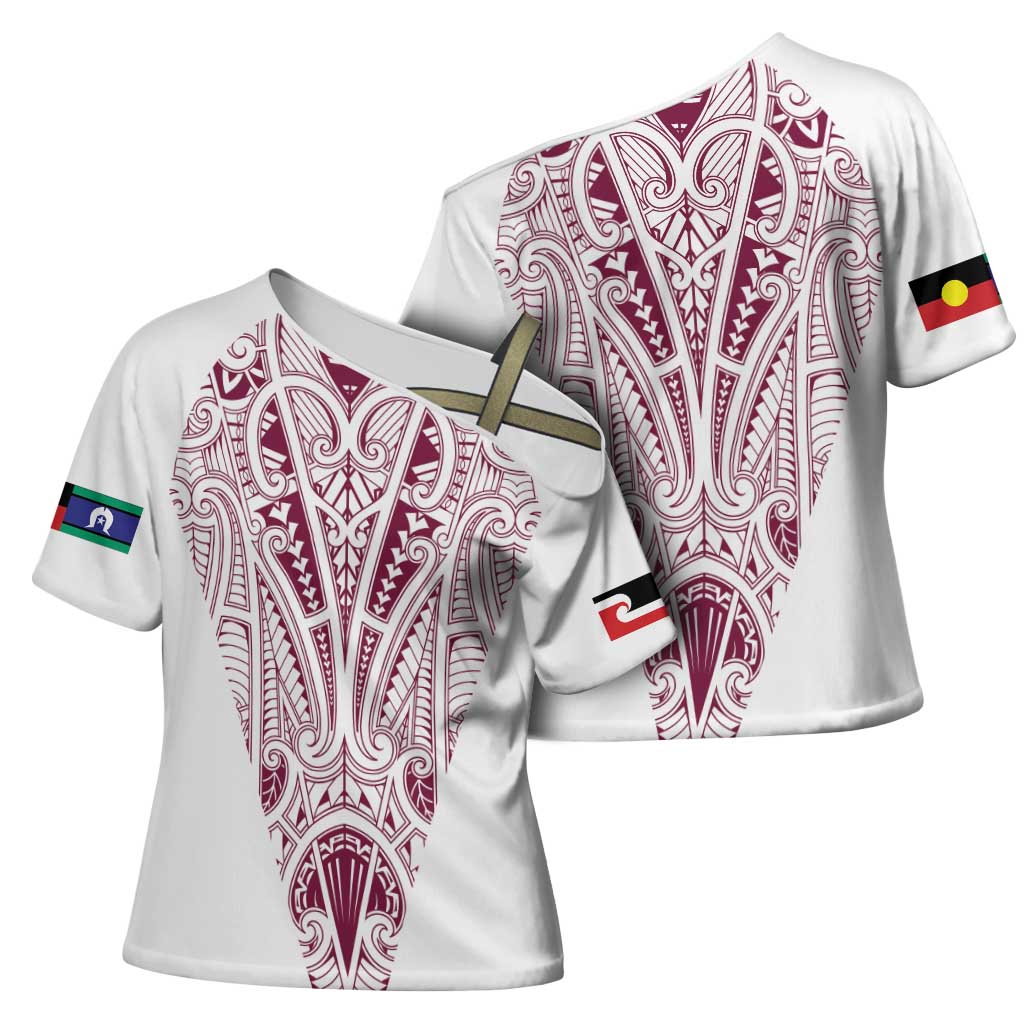 Queensland Maori Rugby Nga Hau e Wha Cross Shoulder Shirt White Motif - Aussie Hoodie