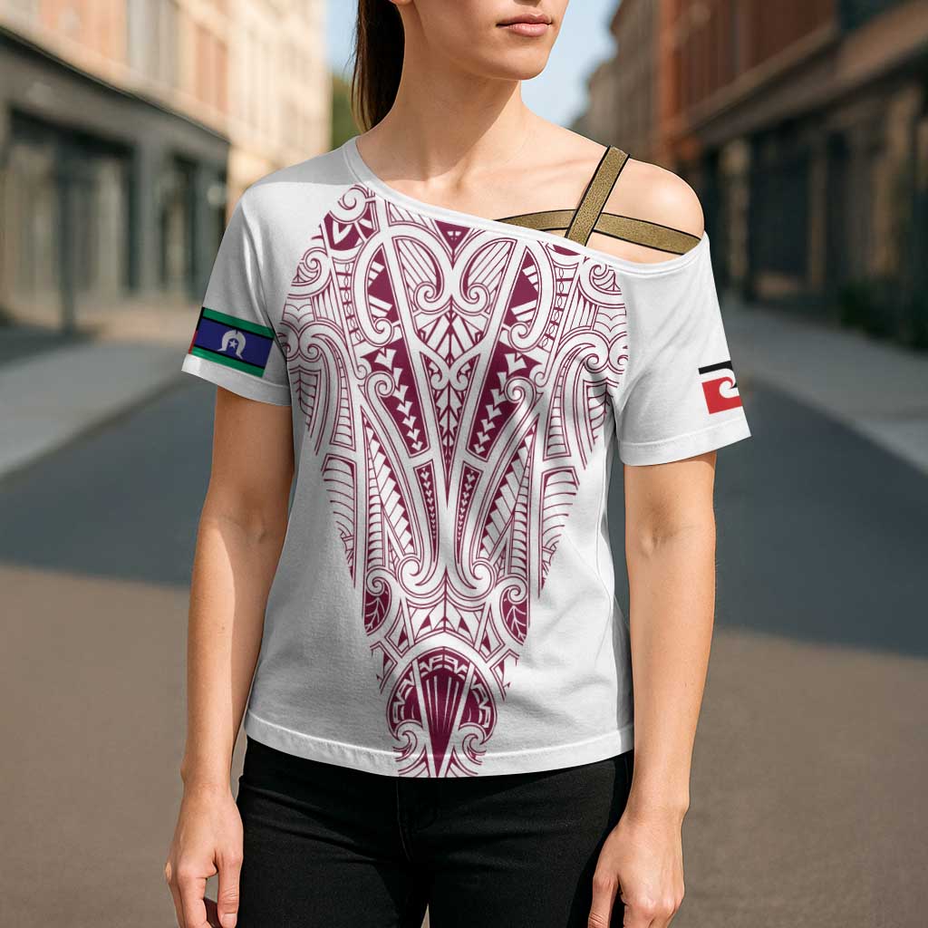 Queensland Maori Rugby Nga Hau e Wha Cross Shoulder Shirt White Motif - Aussie Hoodie