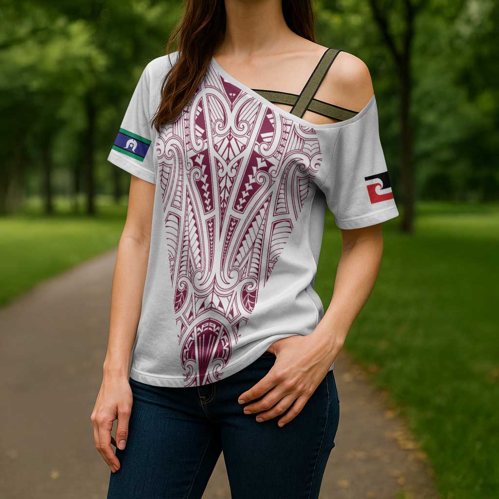 Queensland Maori Rugby Nga Hau e Wha Cross Shoulder Shirt White Motif - Aussie Hoodie