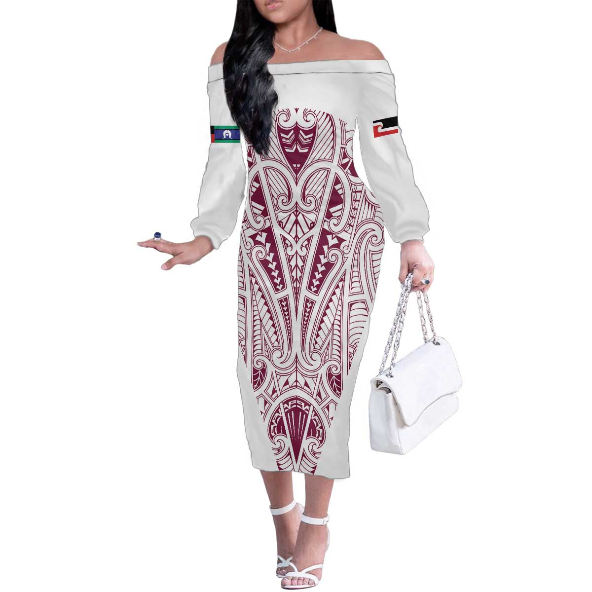 Queensland Maori Rugby Nga Hau e Wha Family Matching Off The Shoulder Long Sleeve Dress and Hawaiian Shirt White Motif