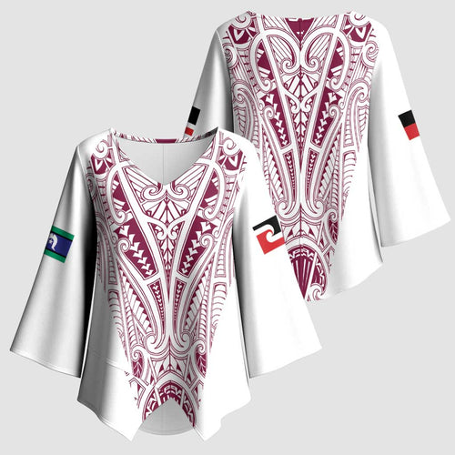 Queensland Maori Rugby Nga Hau e Wha Kimono Sleeve Blouse White Motif - Aussie Hoodie
