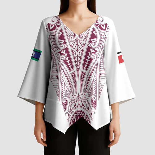 Queensland Maori Rugby Nga Hau e Wha Kimono Sleeve Blouse White Motif - Aussie Hoodie