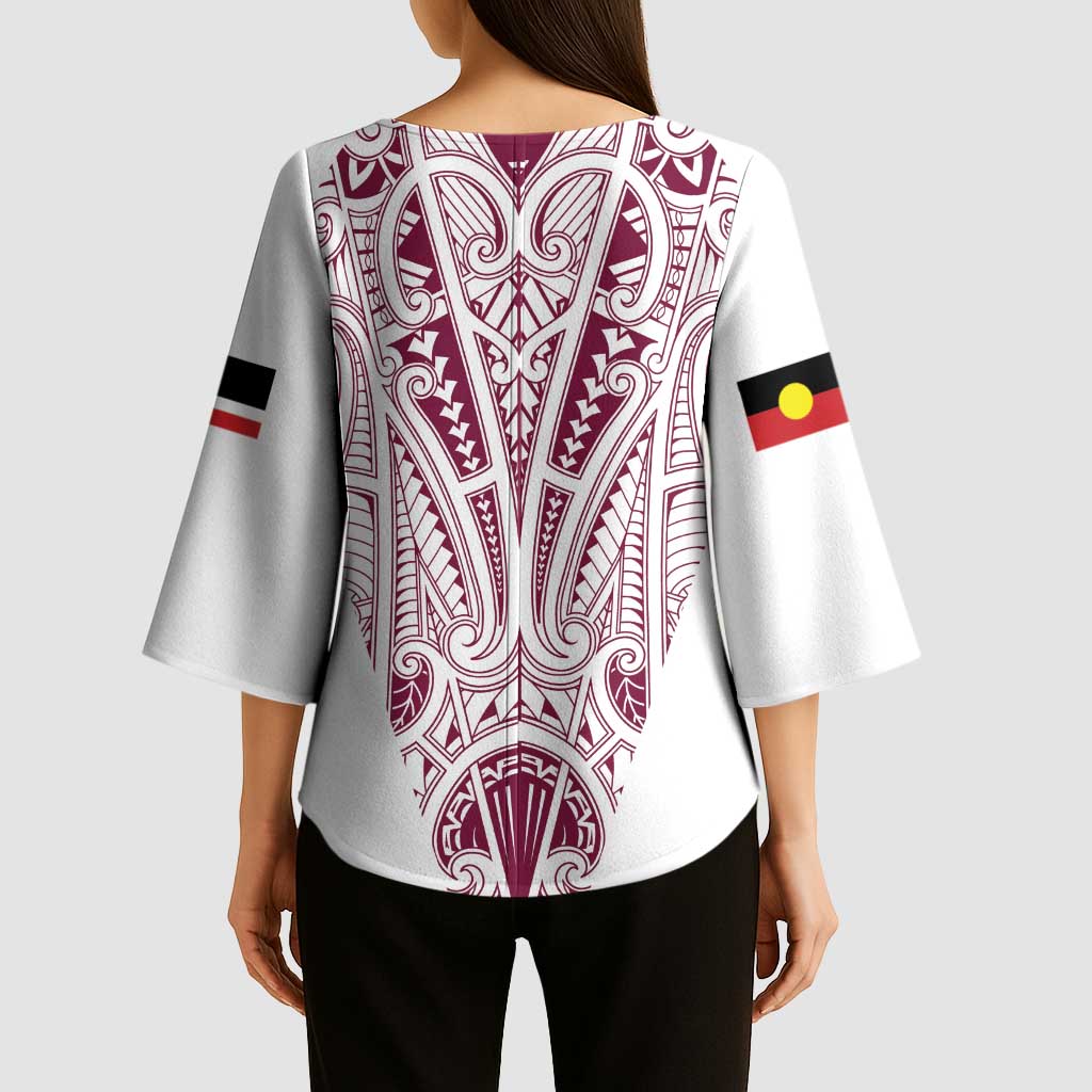 Queensland Maori Rugby Nga Hau e Wha Kimono Sleeve Blouse White Motif - Aussie Hoodie