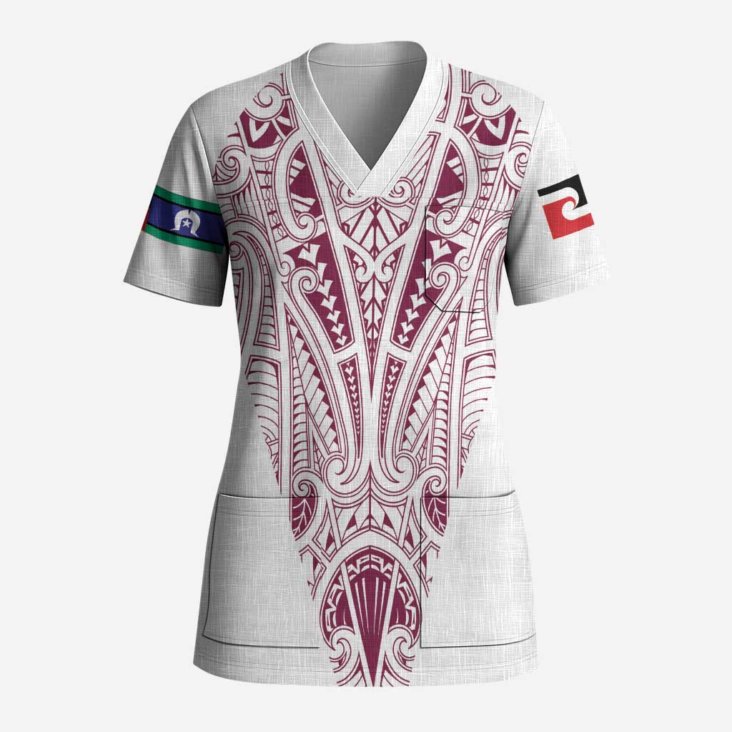 Queensland Maori Rugby Nga Hau e Wha Scrub Top White Motif - Aussie Hoodie