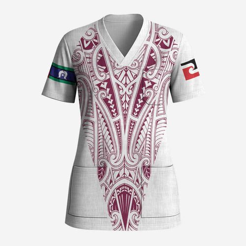 Queensland Maori Rugby Nga Hau e Wha Scrub Top White Motif - Aussie Hoodie