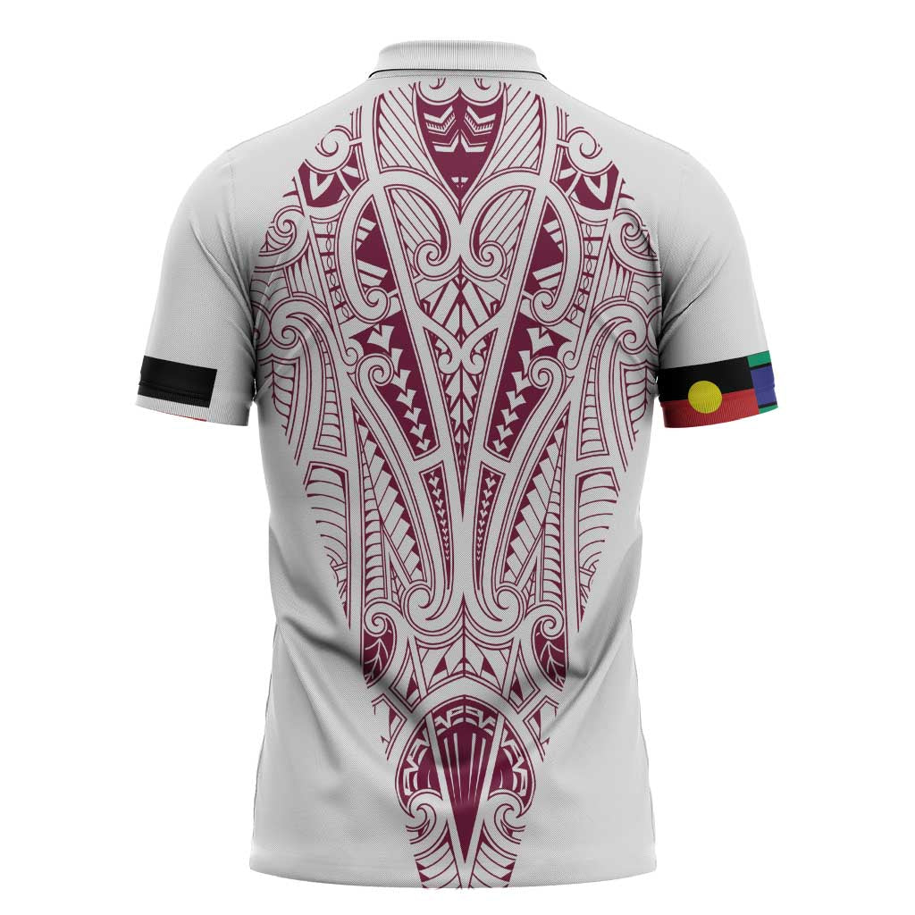 Queensland Maori Rugby Nga Hau e Wha Zipper Polo Shirt White Motif - Aussie Hoodie