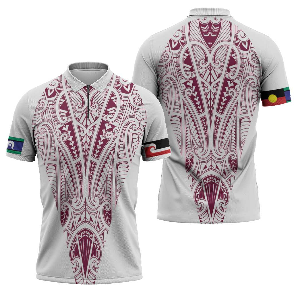 Queensland Maori Rugby Nga Hau e Wha Zipper Polo Shirt White Motif - Aussie Hoodie