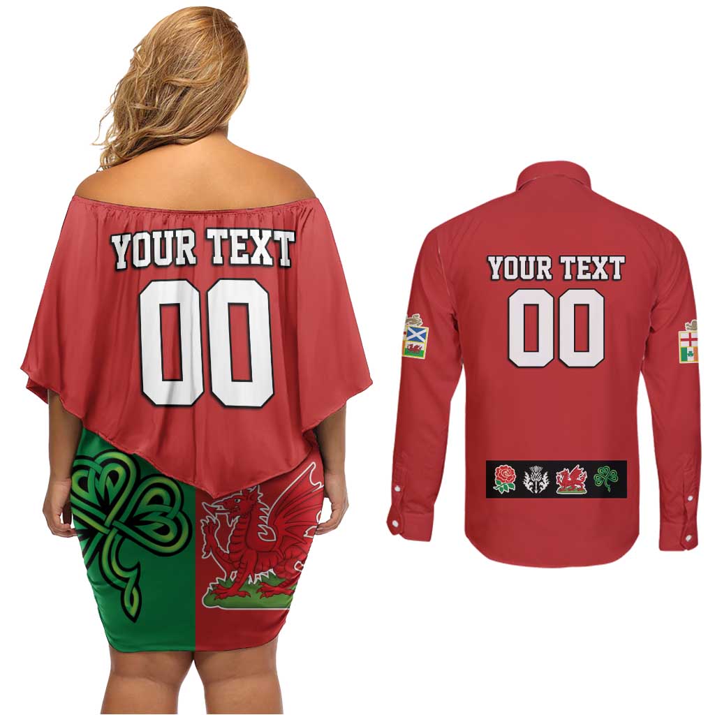 Custom British Lions Couples Matching Off Shoulder Short Dress and Long Sleeve Button Shirt Combination of England Irish Scottish Welsh